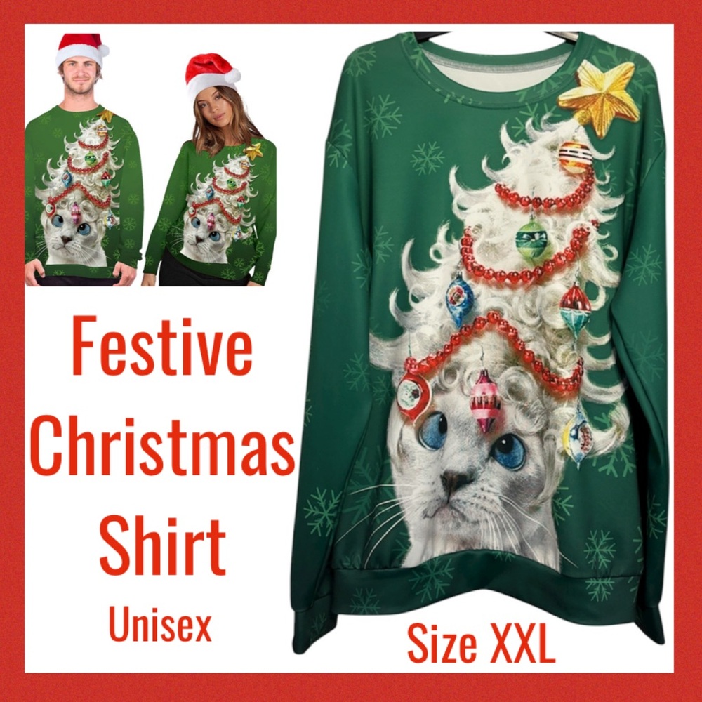 Christmas Sweater Sweatshirt Holiday Cat Pets White Red Green Size XX Large